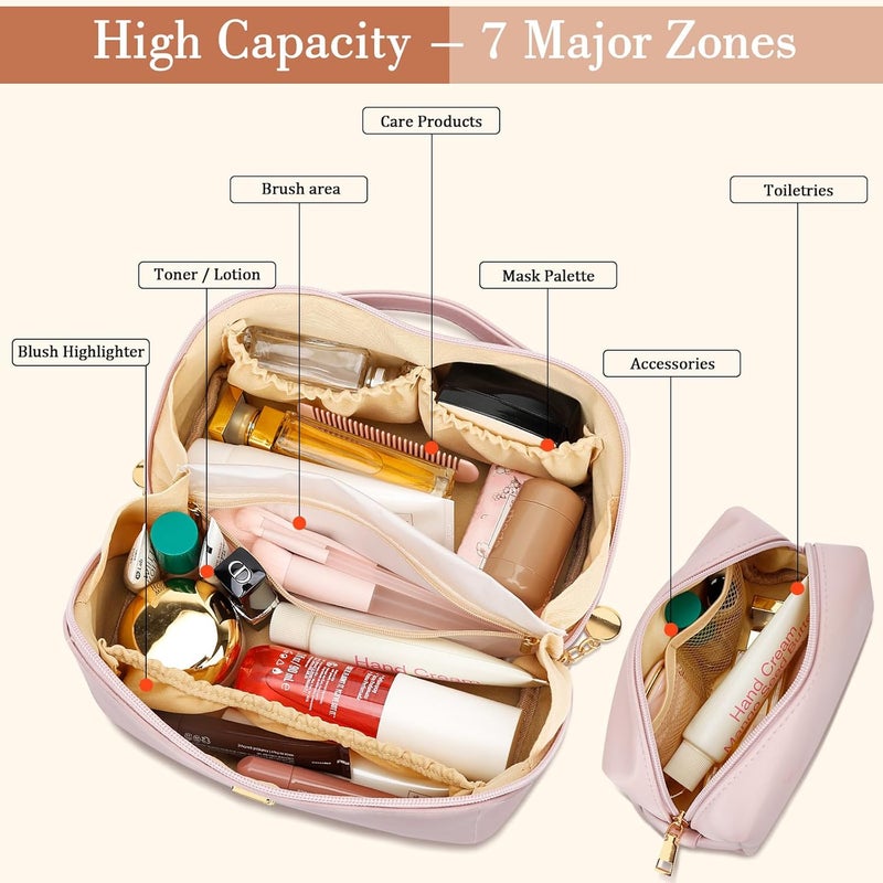 CLOUDWINGS Birthday Gifts for Women Teen Girl, Personalized Initial Makeup Organizer Bag Set, Open Flat Travel Cosmetic Bag With Clear Divider and Handle(Pink,A) - Image 3